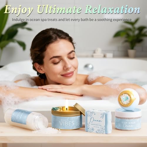 Spa Gifts for Women Bath Gift Set, Ocean Relaxing Spa Gift Baskets Home Bath Set Self Care Kit Care Package Thank You Mothers Day Birthday Easter Gifts for Women Her Mom Friends Sister Teen Girls Wife - color: Blue-Ocean