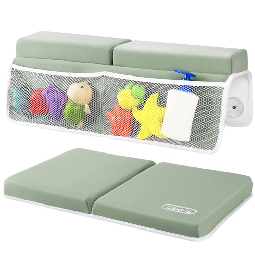 beiens Bath Kneeler and Elbow Rest Pad Set - 1.5'' Comfortable Thick Baby Bath Kneeler Pads, Quick Dry Soft Kneeling Pad for Baby Bath Time, Non-Slip Knee& Arm Support Bathtub Mat with Toys Organizer - color: Grey Green