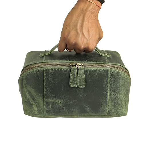 KomalC Luxury Leather Men’s Toiletry Travel Bag – Handmade Shaving Kit with Waterproof Interior, Spacious Storage & Carry Handle – leather travel Kit Bag for Men & Women (Green) - color: Green