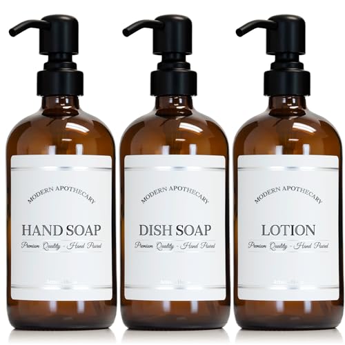 Amber Refillable Hand, Dish, Lotion Dispenser Set with Pumps for Kitchen Sink - Glass Boston Round Bottles - Waterproof Labels - 16 oz - 3 Pack - color: Black Satin Steel