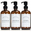 Amber Refillable Hand, Dish, Lotion Dispenser Set with Pumps for Kitchen Sink - Glass Boston Round Bottles - Waterproof Labels - 16 oz - 3 Pack - color: Black Satin Steel