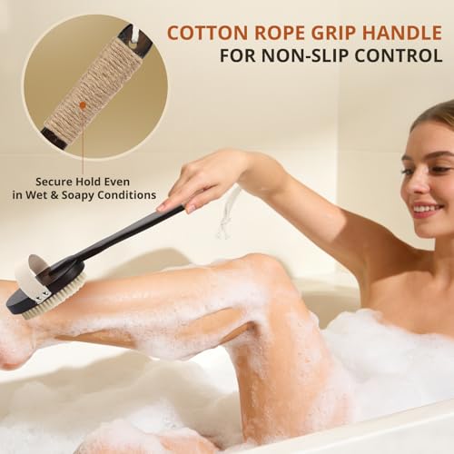 Dry & Wet Brushing Body Brush, Natural Boar Bristle Back Scrubber for Shower with Detachable Handle, Exfoliating Brush for Lymphatic Drainage, Improved Circulation & Smooth Skin - color: Dark Brown