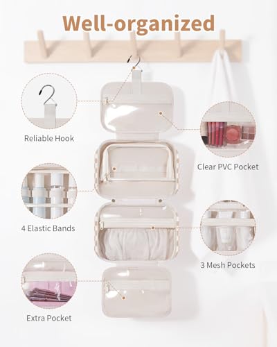 Narwey Hanging Toiletry Bag for Women Checkered Travel Makeup Bag Organizer Cosmetic Make up Toiletries Bag for Travel Essentials Accessories (Light Brown Checkerboard, Medium) - color: Light Brown Checkerboard, size: Medium