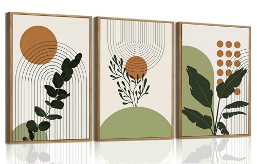 Bwodke Boho Wall Art, Framed Abstract Wall Art, Botanical Canvas Wall Decor, Mid Century Plant Leaf Geometric Pictures Set of 3, Minimalist Paintings, for Bedroom Living Room Bathroom 12"x16" - color: Botanical, size: 12"x16"Natural