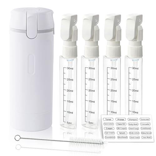 4 in 1 Travel Dispenser Bottle with Cleaning Brush,4 Pack 30ml Leak Proof Refillable Travel Size Toiletries Containers for Shampoo Conditioner,Portable Travel Bottles Set for Vacation Camping & Gym - color: White