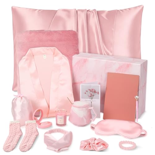 Twistover 16 Pcs Birthday Gifts for Women: Luxury Robe & Blanket Spa Gift Basket for Women -scented Candle, Mug, Notebook, Pillowcase & Spa Accessories(Pink) - color: Pink