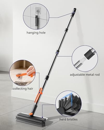 Small Floor Scrub Brush with Length Adjustable Long Handle, 3 in 1 Heavy-Duty Stiff Bristle Scrubber Brush with Squeegee and Tweezer for Cleaning Bathroom, Tile, Deck, Patio, Garage and Kitchen - color: Grayorange