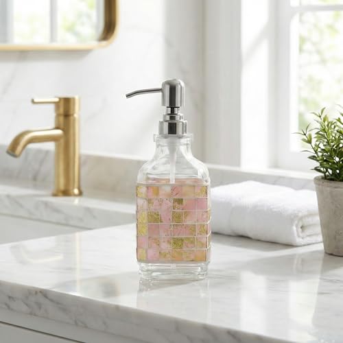 BOPPIE Handcrafted Mosaic Glass Soap Dispenser, Modern Countertop Hand & Dish Soap Dispenser for Bathroom/Kitchen, Refillable Liquid Soap Bottle with Stainless Steel Rust Proof Pump (Mosaic Golden) - color: Mosaic Golden