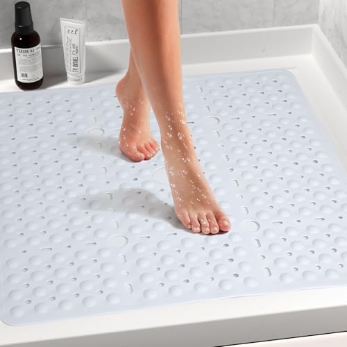 Large Square Shower Mat 27 x 27 Inch White, Non Slip Shower Bathtub Mats for Inside Shower With Big Suction Cups Drain Holes, Anti Slip Bathroom Floor Shower Stall Mats, Easy Clean, BPA-Free - color: White