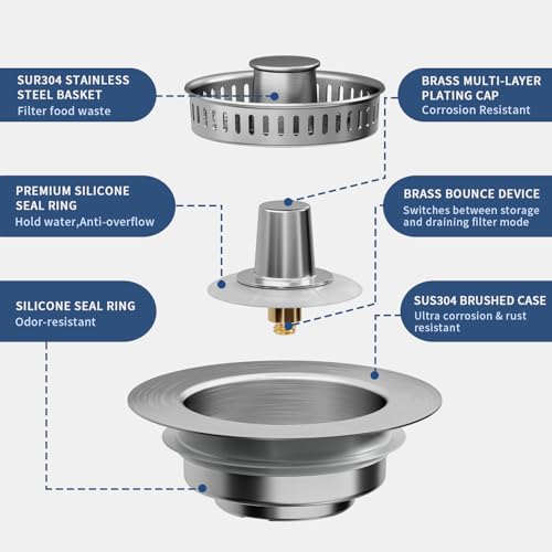 3-in-1 Kitchen Sink Drain Strainer - Pop Up Sink Stopper, Stainless Steel Sink Drain Strainer, Kitchen Sink Stopper & Drain Plug with Anti-Clogging Basket,Sink Strainer Fits US Standard 3-1/2'' Drains - color: Sus304 Brushed 1pack