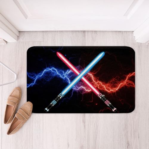 Blue Purple Light Sword Bathroom Rug,Neon Glowing Lightning Bathroom Rug,Fashion Games Non Slip Bath Mat Kids Boys Girls Teens Bath Indoor Doormat Decor,Modern Black Shaggy Absorbent Floor Mat,16"x24" - color: Lightsaber 10, size: 16" x 24"