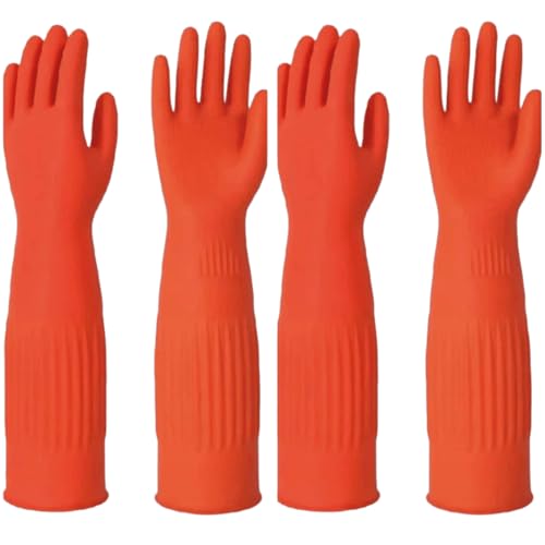 Long Rubber Waterproof Latex Household Cleaning 18inch Gloves Red Long Sleeved Heavy-duty Reusable 2Pair - color: Red, size: Small