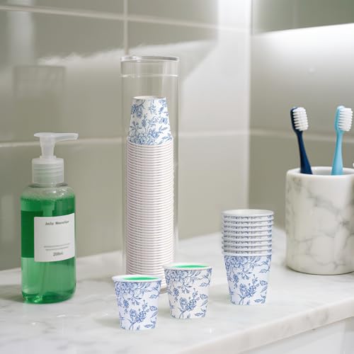WRAPAHOLIC 3oz Paper Cups - 100 Pack Disposable Bathroom Cups with Toile Blue Floral Design, Small Mouthwash Cup for Toothbrush Rinse, Home Bathroom, Picnic, BBQ, Travel and Party - color: Blue and White Peony