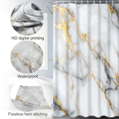 Lnond 4Pcs Marble Bathroom Sets with Shower Curtain and Rugs,White Gold Marble Modern Art Bathroom Shower Curtain Sets with Rugs and Accessories - color: White Gold Marble