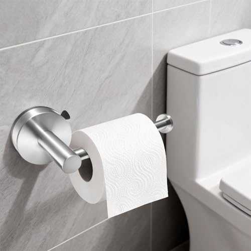 Removable Suction Cup Toilet Paper Holder, No Drilling Bathroom Wall Mount Tissue Roll Holder Brushed Nickel Stainless Steel Damage-Free Easy Install & Reposition Fits Smooth Surfaces - color: Brushed Nickel