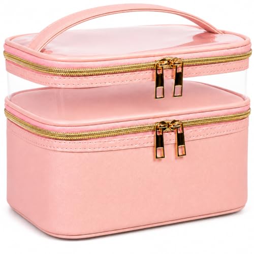Pink Makeup Bag, Leather Double Layer Makeup Bag,Travel Accessories Toiletry Bag for Women,Travel Essentials Cosmetic Bag - color: 00-Pink