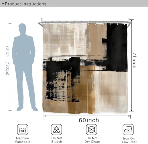 Miyotaa Abstract Minimalist Modern Shower Curtain Set 60Wx71H Inches Black Tan Neutral Contemporary Brushstroke Art Waterproof Bathroom Curtain with 12 Hooks - color: Black Tan, size: 60"W x 71"L (Pack of 1)