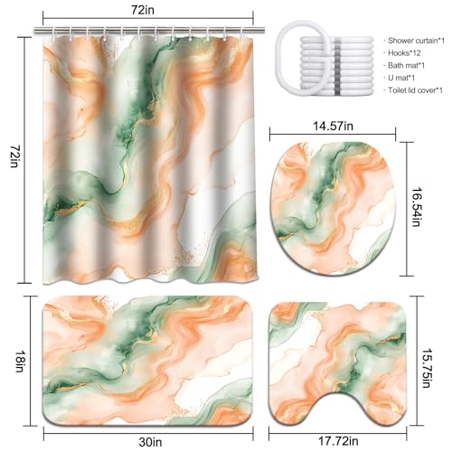 Lnond 4Pcs Marble Bathroom Sets with Shower Curtain and Rugs, Orange Green Marble Modern Art Bathroom Shower Curtain Sets with Rugs and Accessories - color: Orange Green Marble