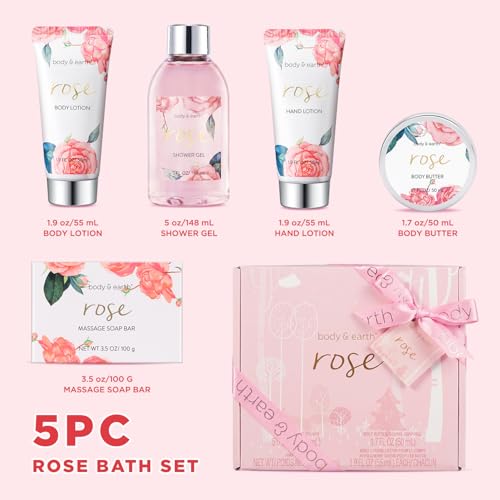 BODY & EARTH Spa Gift Set for Women - Luxurious 5 Pcs Bath and Body Box, Rose Scent, Includes Body Wash, Body Butter, Body Lotion and More, Birthday Christmas Gifts for Mom Self Care Kit for Her