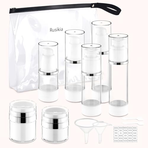 13 Pack Big Travel Size Containers, Airless Pump Bottles Jar Kit | 1.7 1 0.5oz, Clear, TSA Approved, Leak Proof, Refillable, Jars for Travel Home Toiletries, Lotion, Liquid, Cream