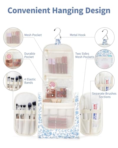Narwey Large Hanging Toiletry Bag for Women Travel Makeup Bag Make up Organizer Toiletries Bag for Cosmetics Essentials Accessories (Large, Blue Flower) - color: B-Blue Flower, size: Large