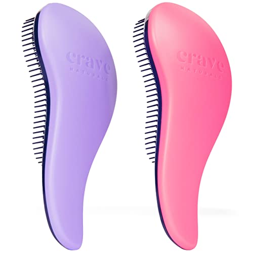 Crave Naturals Glide Thru Detangling Brush for Adults and Kids - Detangler Brush for Curly or Straight, Wet or Dry Hair - Gentle on Tangles Hair Comb - 7.5x3-Inch, Pink and Purple (Pack of 2) - color: Pink & Purple, size: 2 Pack (Regular)
