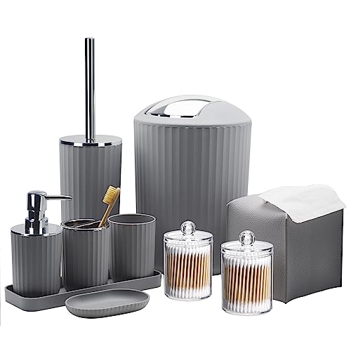 Bathroom Accessory Set - 10 Piece Grey Bathroom Accessories Set with Trash Can, Toothbrush Holder and Cup, Soap Dispenser, Soap Dish, Toilet Brush Holder, Vanity Tray, Qtip Holder, Tissue Box Cover - color: Grey