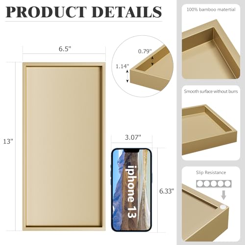 ZHWS Gold Bathroom Vanity Tray for Countertop Perfume Makeup Jewelry Candle Decor, Kitchen Tray for Soap Dispenser Spice Salt, Large Gold Tray for Toilet Tank Paper, Serving Nightstand 13”x6.5” - color: Gold, size: 13" x 6.5" x 1.1"