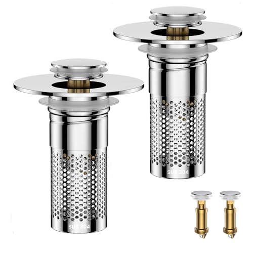 Bathroom Sink Drain Strainer,Universal Pop-Up Sink Stopper Hair Catcher, Anti-Clog Stainless Steel Drain Filter Basket, Removable Sink Drain for Bathroom Sink Stopper - color: Silver-2pack