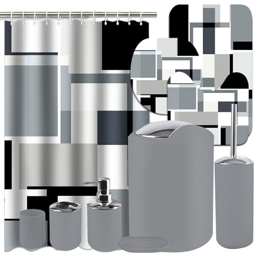 Lnond Grey Black Bathroom Set, 22-Piece Grey Black Geometry Bathroom Decor Set with with Shower Curtain and Rugs, Trash Can, Toilet Brush Holder Set & Soap Dispenser - style: Grey Geometric