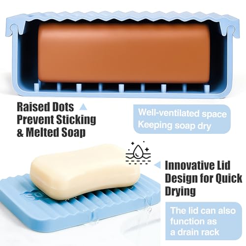 AIDIMMING Oversized Silicone Soap Holder for Two Bars of Soap with lid – Leak Proo, Large Capacity, Durable, Impact-Resistant, Stain-Resistant, Fit Shampoo and Conditioner Bar Set (Light Blue) - color: Light Blue