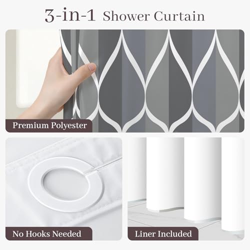 Yiatn Grey Blue No Hook Shower Curtain with Snap in Liner - Hotel Style with See Through Mesh Top Window, Modern Geometric Waterdrop Design,Waterproof and Washable,- 71x74 INCH - color: Grey Blue, size: 71"W x 74"L (Pack of 1)