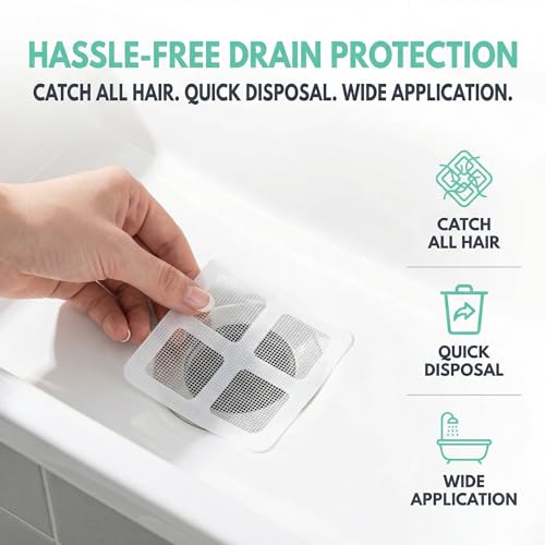 50 Pack Disposable Shower Drain Hair Catcher, Peel-Stick Mesh Covers, 4 in | Fiberglass Mesh Traps Hair, Pet Fur and Debris; Waterproof Adhesive Fits Flat Tub, Sink, Shower and Laundry Drains - size: 50pcs