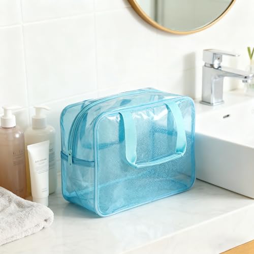 Blue Waterproof Makeup Bag,11.81 x 5.12 x 8.27inch, Iridescent TPU Travel Toiletry Bag with Handle for Women & Men, Portable Cosmetic Pouch for Gym Swim Beach (524-6) - color: 524-6 Set