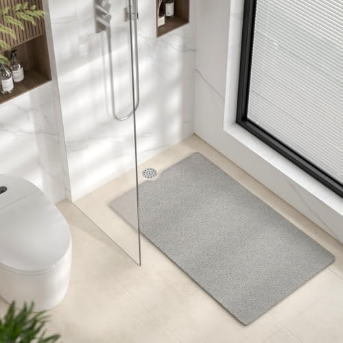HITSLAM Non Slip Bathtub Mat 40 x 28 Inch, Extra Long Bath Mat for Tub, Soft PVC Loofah Shower Floor Mat with Drain, Quick Drying Bathroom Tub Mat for Wet Area, Without Suction Cup, Grey - color: Grey, size: 40" x 28" (Rectangular)
