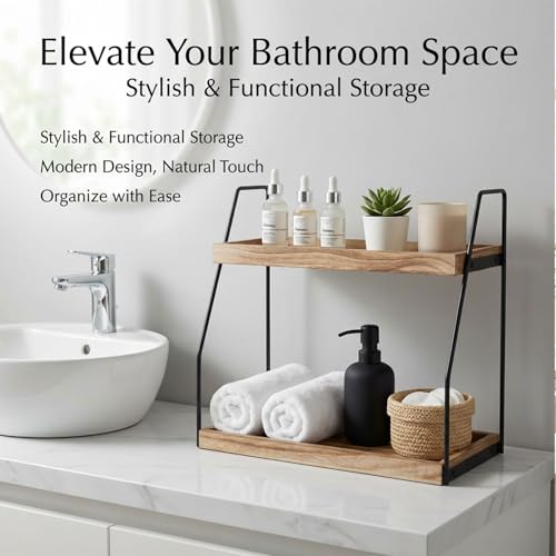 Krismax Bathroom Countertop Organizer, 2 Tier Vanity Organizer and Storage for Cosmetic Skincare Perfume, Wood Storage Shelf for Bathroom Kitchen Coffee Station Tiered Tray