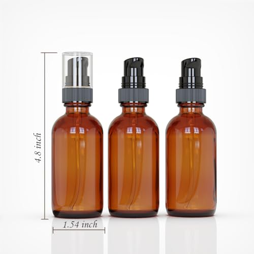 12Pack 2oz Amber Glass Pump Bottles, 60ml with Black Pump, Empty Refillable Travel Small Container For Lotion Cream Essentil Oil Shampoo (2oz) - size: 2oz Amber Glass