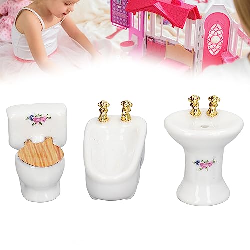 1:24 Dollhouse Miniature Bathroom Set, Ceramic Simulation Bathtub Toilet Sink, Miniature Furniture, Mini Ceramic Bathroom Furniture Set for Dollhouse Restroom Decoration (Flower Pattern)