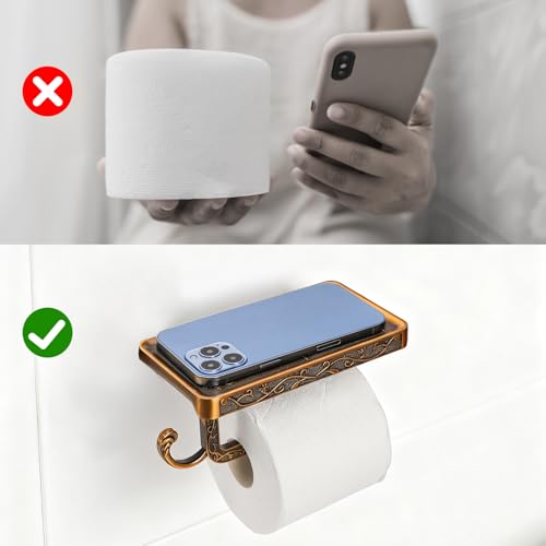 SOUJOY 2 Pack Vintage Toilet Paper Holder with Shelf, Bathroom Tissue Roll Hanger, Anti-Rust Aluminum Wall Mount Toilet Paper Dispenser with Storage Rack for Phone, Wipes, Soap, Antique Bronze
