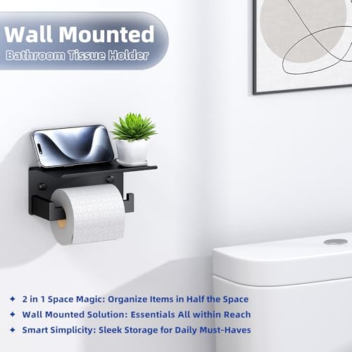 APLusee Toilet Paper Holder with Shelf Matte Black, 304 Stainless Steel Tissue Holder, Wall Mounted - color: Matte Black, size: Single Rod