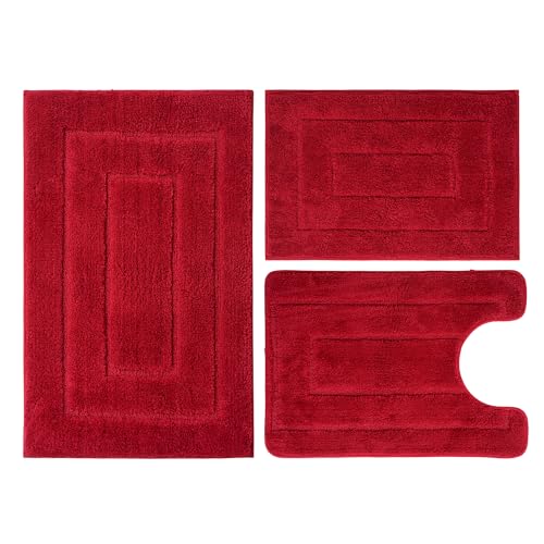 Bathroom Rugs Sets 3 Piece, with 20" x 28" U-Shaped Toilet Rug, Ultra Absorbent and Super Soft Touch, Non-Slip, Microfiber Plush,Rectangular Pattern, Quick Dry Bath Mats for Bathroom, Tub, Bedroom - color: Dark Red