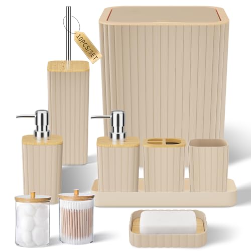 XLHOMO Bathroom Accessories Set - Elegant Beige Bathroom Set, 10PC Bathroom Accessory Set, Toilet Brush, Bathroom Trash Can - size: Bath Set, style: Beige