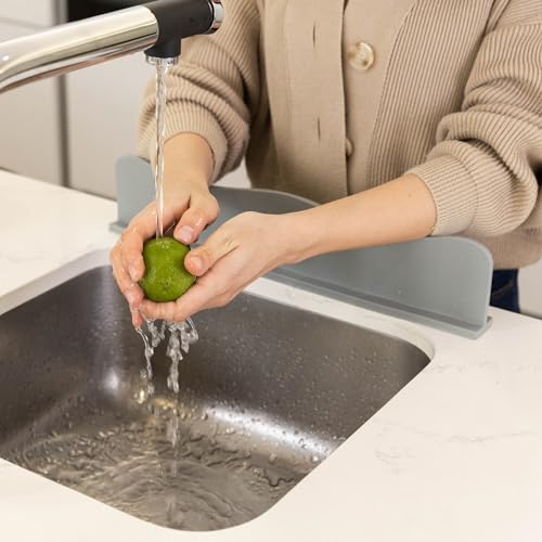 TYOARO Silicone Sink Splash Guard - Water Splash Guard for Kitchen, Island and Bathroom - Secure Non-Slip Suction Cup Base - Dishwasher Safe, Gray (17.4 x 1.7 x 3.6") - color: Cool Gray