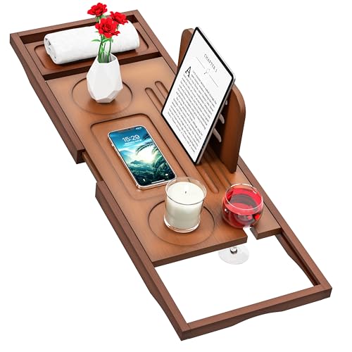 Premium Bamboo Bathtub Tray Caddy - Bath Tub Tray Table for Bathtub - Bath Caddy Tray for Bathtub, Expandable Size, Fits Most Bath Tubs - color: Walnut