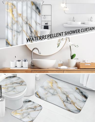 Lnond Marble Bathroom Set, 24 Piece White Gold Bathroom Decor Set with with Shower Curtain and Rugs, Trash Can, Toilet Brush Holder Set & Soap Dispenser