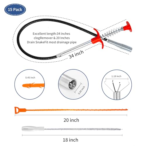 34inch Drain Snake (1pc), 20inch Hair Drain Clog Remover (12 pcs) & 18Inch Cleaner Brush (2 pcs), Sink Plumbing Snake Drain Tool Unclogger Tool Set For Kitchen, Bathroom Tub, Sewer, Toilet - style: 12pcs 20inch+1pcs 34inch+2pcs Cleaner Brush