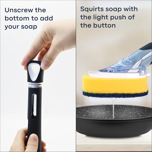 Dish Brush with Soap Dispenser Storage Set with 2 PCS Sponge Refills & Holder, Soap Dispensing Dish Brushes, Sponge with Soap Dispenser Handle, Dish Sponges with Handle for Dishes Pans Pots Sink - color: Black