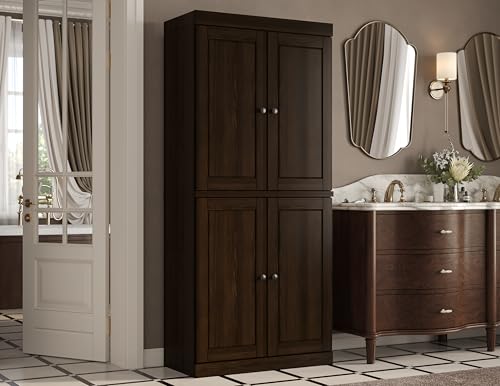 Palace Imports Solid Wood Tall Bathroom Storage Cabinet - 71.5" H x 32" W - Espresso Wooden Cabinet with 4 Raised Panel Doors & Adjustable Shelves, 100% Renewable Eco-Friendly Wood, Modular Cabinets - color: Espresso