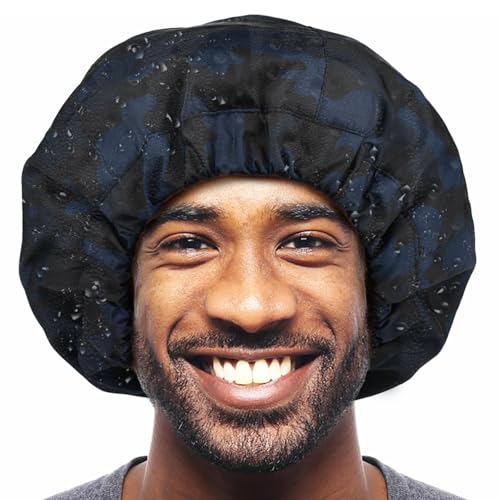 Shower Cap for Men Blue Camouflage Bath Cap, Reversible Large Waterproof Adjustable Shower Caps Terry Lining & Elastic Band Stretch Hem Hair Hat - color: Blue Camouflage
