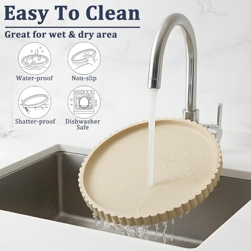 HighHerz Silicone Bathroom Countertop and Vanity Tray, Round Silicone Bathroom Tray, Modern Bathroom Decor, Coffee Table Decor, Decorative Tray for Candle, Perfume, Plants (Khaki, 9 inch) - color: Khaki, size: 9"